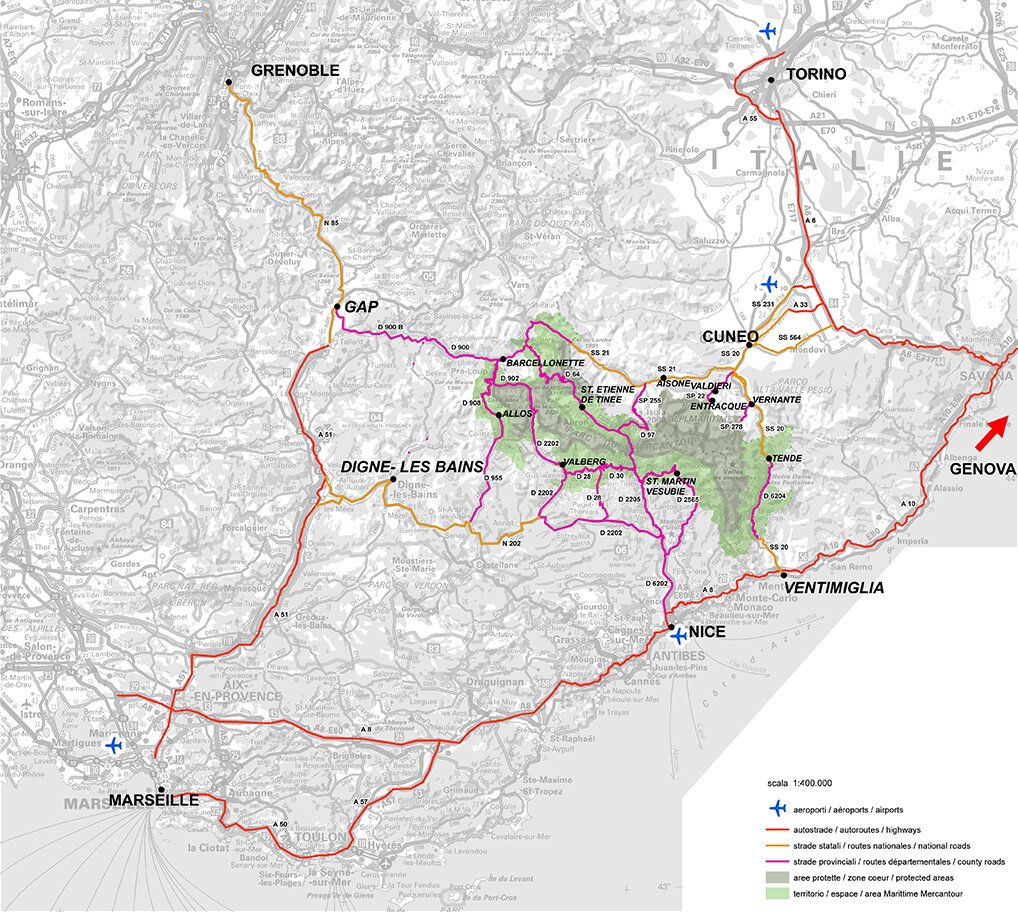 La cartina stradale del territorio Marittime - Mercantour.